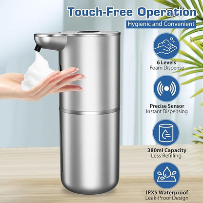 Automatic Foaming Soap Dispenser, LED Display Touchless Foam Hand Soap Dispenser for Bathroom Countertop, Kitchen, 6-Level Adjustable,380ML, Rechargeable (Silver)