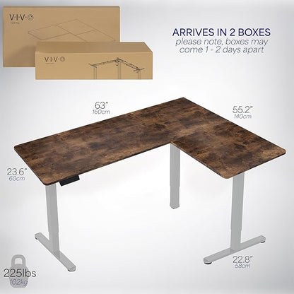 VIVO Electric Corner 63 x 55 inch L-Shaped Standing Desk, Memory Height Adjustment, Rustic Vintage Brown Top Gray Frame, DESK-E3CTGN