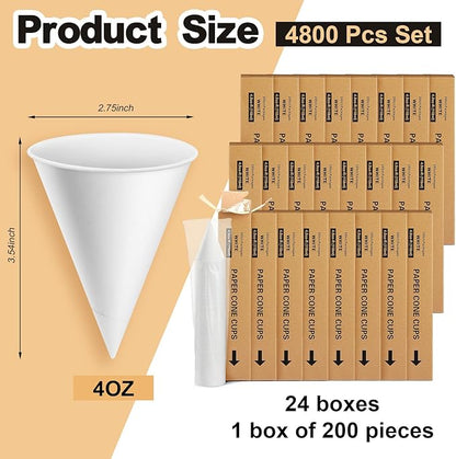 Roshtia 4800 Pcs 4 oz Paper Cone Cups Thicken Disposable Cone Cups for Shaved Ice, Slushies Water Cooler Dispenser, White