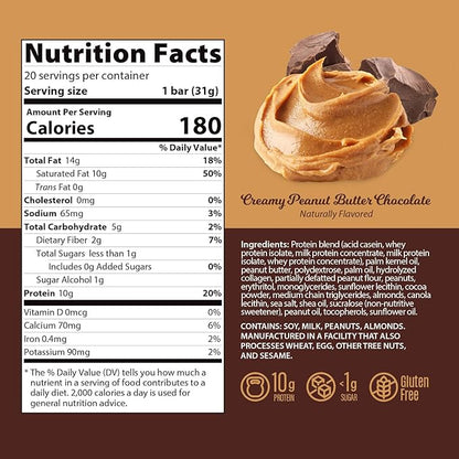 Genius Gourmet Protein Bar, Chocolate Peanut Butter, Keto Snack, Low Carb, Low Sugar & Gluten Free, Protein Snacks for Adults, 10G of Whey Protein per Protein Bar, 5 Net Carbs, 20 Count