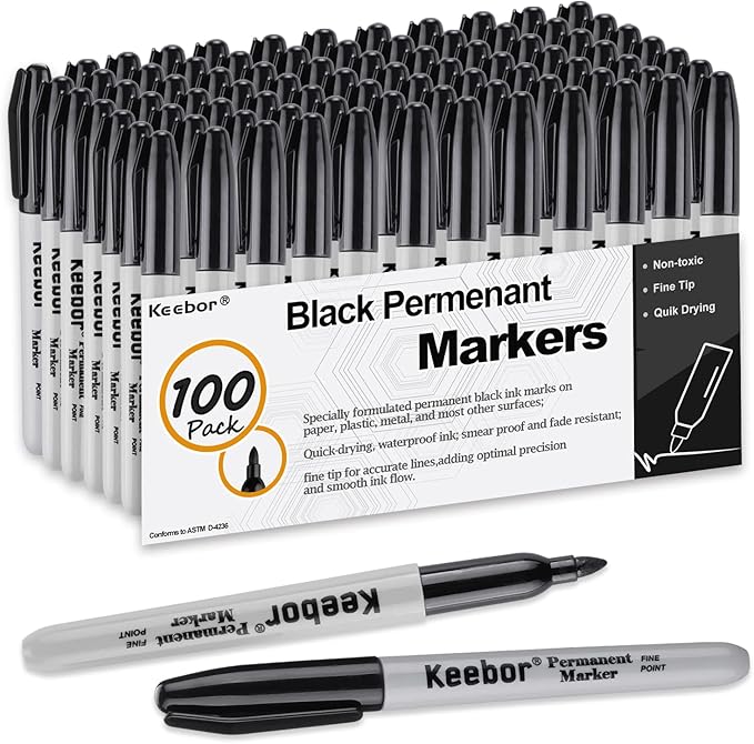 Black Permanent Markers Bulk of 100 Pack, Fine Point Permanent Marker Set, Waterproof, Quick Drying, School & Office Supplies