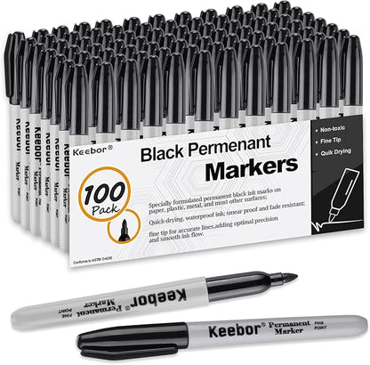 Black Permanent Markers Bulk of 100 Pack, Fine Point Permanent Marker Set, Waterproof, Quick Drying, School & Office Supplies