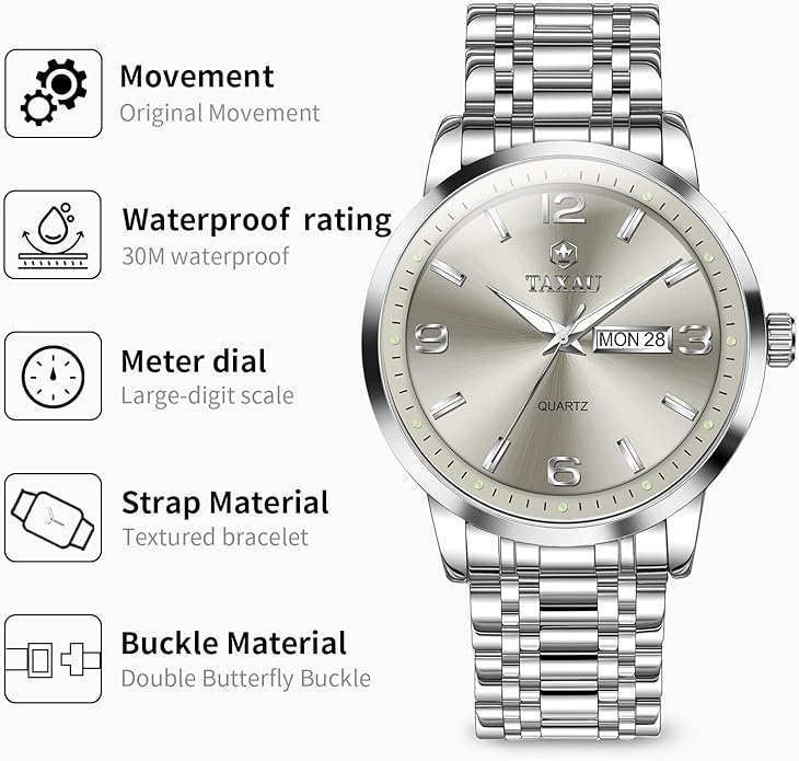 Stainless Steel Mens Watches with Day Date Quartz Analog Large Face Classic Watch Arabic Numerals Dress Luminous Rlojes para Hombres
