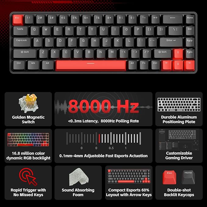 TMKB HE Hall Effect Keyboard, Magnetic Gaming Keyboard with Adjustable Actuation, 8000Hz Polling Rate, 60% Compact Hot-Swappable for PC FPS RTS Gamers (Black/Red)
