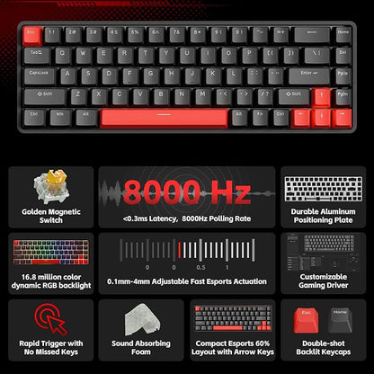 TMKB HE Hall Effect Keyboard, Magnetic Gaming Keyboard with Adjustable Actuation, 8000Hz Polling Rate, 60% Compact Hot-Swappable for PC FPS RTS Gamers (Black/Red)