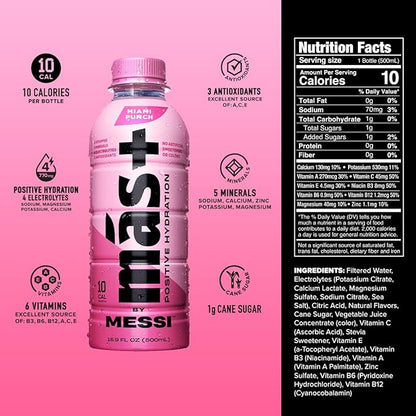 Más+ by Messi 16.9oz Miami Punch, Sports Drink & Hydration Beverage, Natural Flavors with Vitamins and Electrolytes, No Artificial Sweeteners or Colors, 12-pack