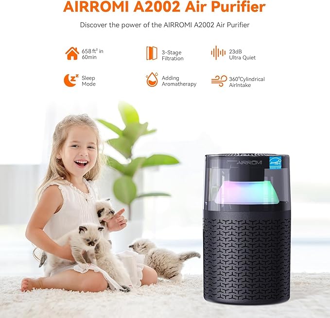 AIRROMI Air Purifiers for Bedroom Home,Up to 658 Ft²,Activated Carbon Filter Cleaner,With Fragrance Sponge for Better Sleep,Night Light,Pet Dander,Allergies,Smoke,Odor,Desktop Air Cleaner A2002 Grey
