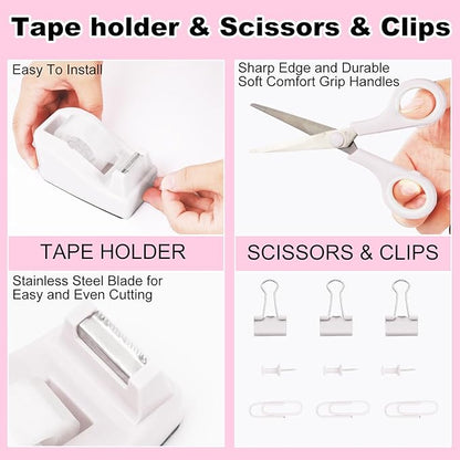 Desk Organizers and Accessories Set with 360-Degree Rotating Pen Holder, Tape Dispenser, Stapler, Staple Remover, 1000 Staples, Tape, Clips Set, Ruler, Scissor, Pen (White, 10 Pcs Set)