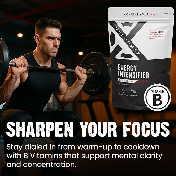 CardoMax - Energy Drink Packets - Liquid Preworkout for Men & Women Caffeine Packets with BCAA, Vitamin B12, Vitamin B6 & B3 - Sugar-Free, Zero Calorie, Vegan & Keto - 15 Stick Packs - Black Cherry
