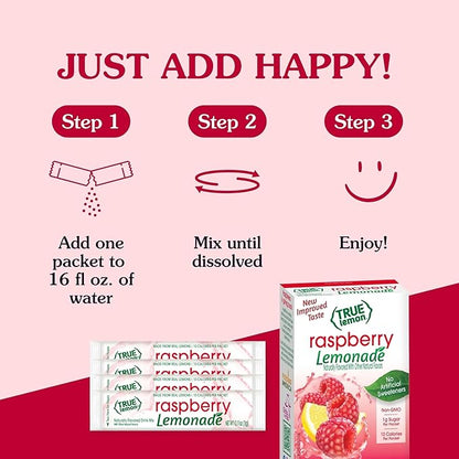 True Citrus Raspberry Flavored Lemonade Drink Mix, Non GMO, 10 Counts, 1.06 Ounces (Pack Of 12)