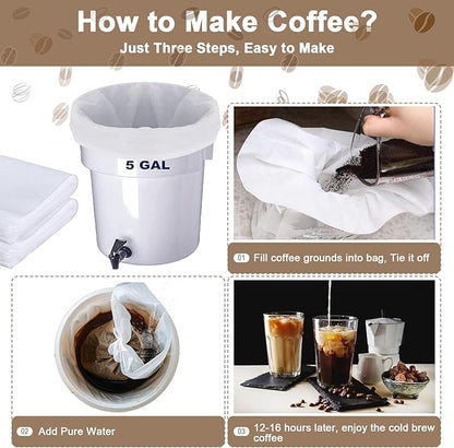 100 Pack Commercial Cold Brew Coffee Filters for 5 Gallon Buckets, 20" X 20" Commercial Cold Brew Bags for Commercial Model Cold Brew Coffee Makers, Brew Up To 5 LBS Coffee