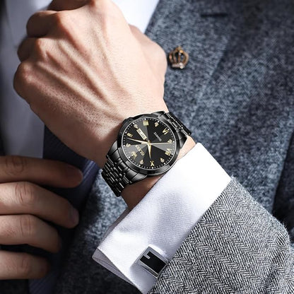 Men's Casual Stainless Steel Watch, Big Face Easy to Read Analog Quartz Watch with Day and Date, Classic Waterproof Diamond Roman Arabic Numerals Dial Dress Watch for Men, Gold Silver Black Band