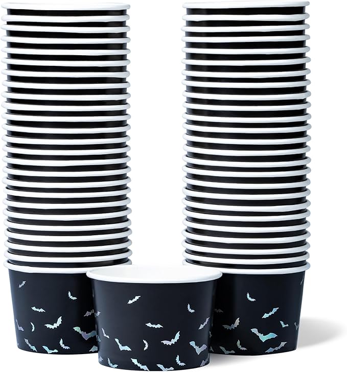 Paper Ice Cream Cups, 50-Count 9-Oz Disposable Dessert Bowls for Hot or Cold Food, 9-Ounce Halloween Party Supplies Treat Cups, Bats, Black and Silver