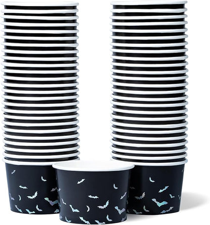 Paper Ice Cream Cups, 50-Count 9-Oz Disposable Dessert Bowls for Hot or Cold Food, 9-Ounce Halloween Party Supplies Treat Cups, Bats, Black and Silver