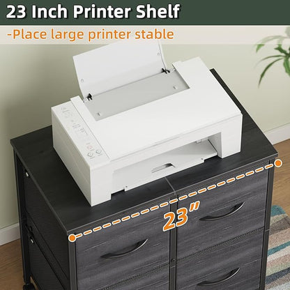 4 Drawer Lateral File Cabinet, Mobile Filing Cabinet for Large Printer, Home Office Functional Small Office Storage Cabinet & Printer Stand, Fits Letter/A4, Charcoal Black Grain Print