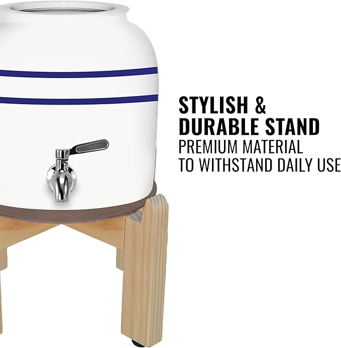 Geo Sports Porcelain Ceramic Crock Water Dispenser, 8 Inch Wood Stand, Stainless Steel Faucet, Valve, Fits 3 to 5 Gallon Jugs. (Withe Blue Stripe)