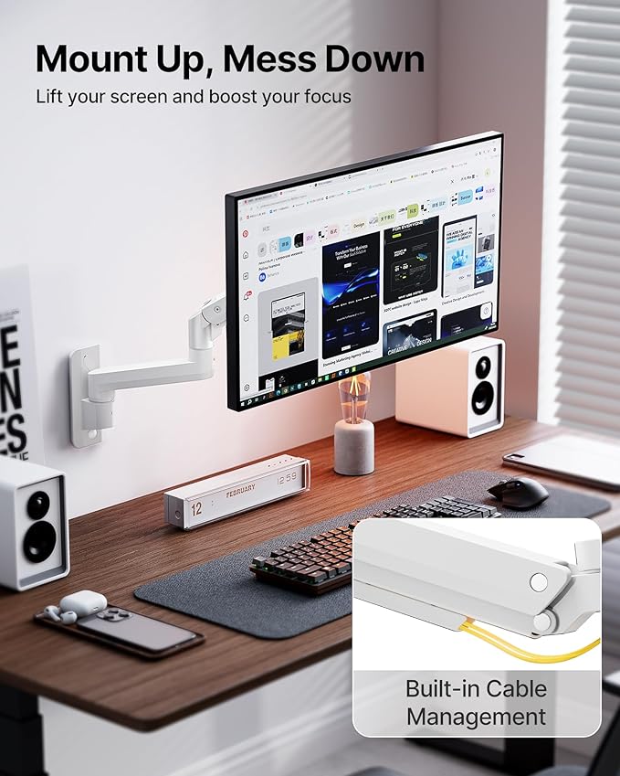 monTEK Ultra Wide Wall Mount Monitor Arm for 17-49 Inch Screens, Heavy Duty Single Monitor Mount up to 44 lbs, Fully Adjustable Gas Spring Wall Mount, 75x75/100x100 VESA Mount, White