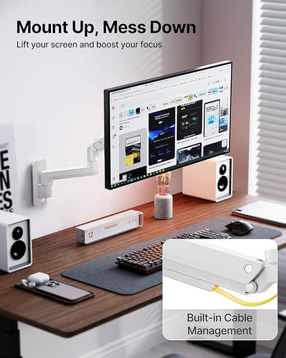 monTEK Ultra Wide Wall Mount Monitor Arm for 17-49 Inch Screens, Heavy Duty Single Monitor Mount up to 44 lbs, Fully Adjustable Gas Spring Wall Mount, 75x75/100x100 VESA Mount, White