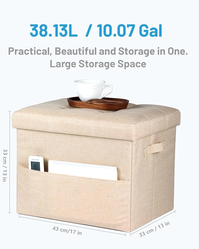 Storage Ottoman Foot Rest, Folding Linen Cotton Ottoman with Storage with Side Pockets and Handle, Foot Stool for Lounge, Study Corner, Home Office, 17x17x13 Inches, Beige