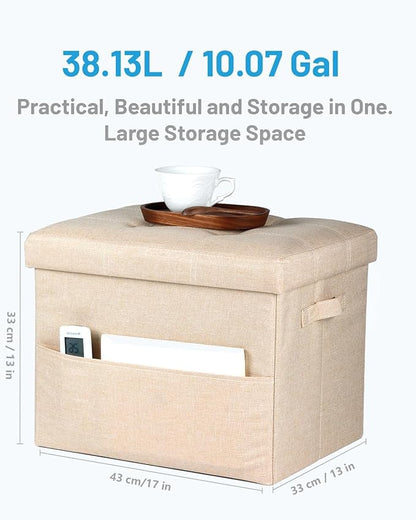 Storage Ottoman Foot Rest, Folding Linen Cotton Ottoman with Storage with Side Pockets and Handle, Foot Stool for Lounge, Study Corner, Home Office, 17x17x13 Inches, Beige