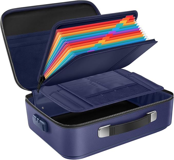 Fireproof Document Storage Box Hard Case With Lock, Multi-Layer Fire Proof Water Resistant Safe Box File Organizer Bag With Small Money Bag for Important Documents Passport Certificates Laptop (Blue)