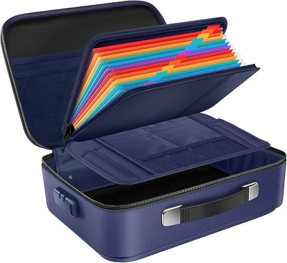 Fireproof Document Storage Box Hard Case With Lock, Multi-Layer Fire Proof Water Resistant Safe Box File Organizer Bag With Small Money Bag for Important Documents Passport Certificates Laptop (Blue)
