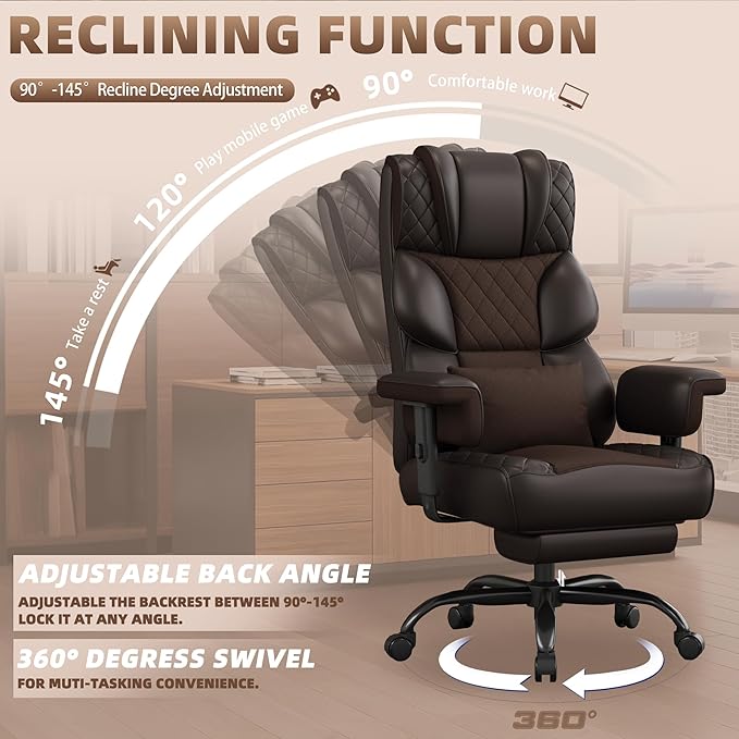 Vonesse Big and Tall Office Chair, Computer Chair with Soft Adjustable Armrests, Ergonomic High Back Gaming Chair with Lumbar Support, Executive Chairs with Footrest (PU Leather + Mesh Fabric,Brown)