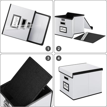 Huolewa File Organizer Box with Lid, Collapsible Faux Leather Hanging File Folder Box Organizer with Plastic Slides, Decorative Home/Office Filing System Boxes for File and Folders Storage