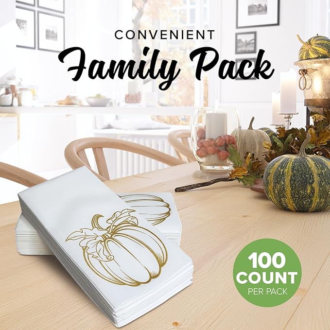 SimuLinen Gold Pumpkin Linen Feel Disposable Bathroom Hand Towels - Thanksgiving Soft, Absorbent, Single-Use 12"x17" Paper Towels, 100ct (Made in USA)