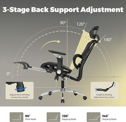Mesh Ergonomic Office Chair with 6D Armrests,High Back Mesh Gaming Chair with Lumbar Support,Adjustable Seat Depth,3D Headrest,Footrest for Big & Tall