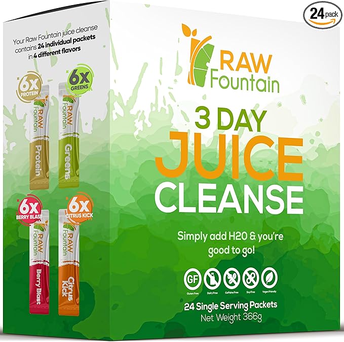 Raw Fountain 3 Day Juice Cleanse Detox, 24 Powder Packets, Travel and Vegan Friendly, 4 All Natural Flavors, Includes Protein (3 Day)