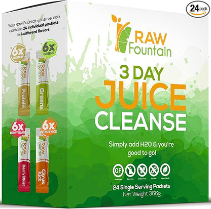 Raw Fountain 3 Day Juice Cleanse Detox, 24 Powder Packets, Travel and Vegan Friendly, 4 All Natural Flavors, Includes Protein (3 Day)
