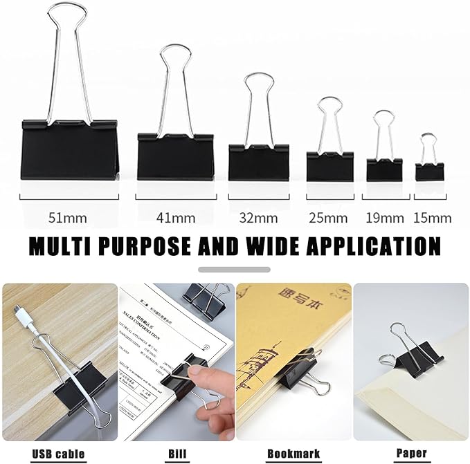 208 PCS Assorted Metal Binder Clips, Bulk Paper Clamps for School, Office, and Teachers, Black Binding Paper Clips in Various Sizes