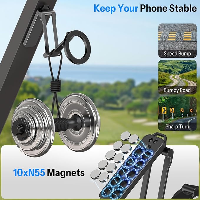 OMOTON Magnetic Golf Cart Phone Holder, [1/4" Screw+Tri-fold] Golf Gifts for Men Women Him 2026 Golf Accessories Essentials Gadgets Compatible with iPhone 17-12, Fits EZGO/Club Car/Yamaha, Black