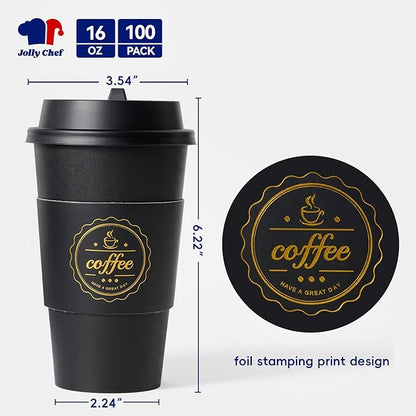 JOLLY CHEF 100 Pack 16 oz Disposable Paper Coffee Cups To Go Coffee Cups with Lids, Sleeves and Stirrers for Hot Drinks