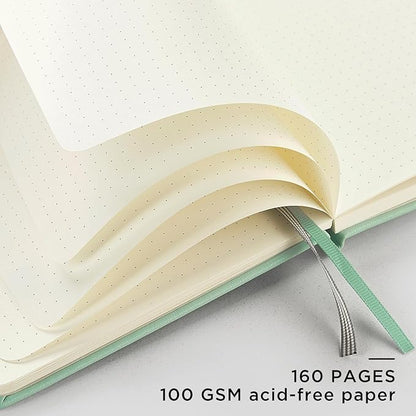 A5 Hardcover Leather Bullet Dotted Journal, 160 Pages 100 gsm Thick Paper, 3 Sheets of Stickers Included- 5.7'' x 8''（Light Green）