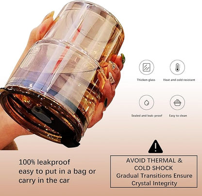 13oz/400ml Glass Water Tumbler with Straw and Lid Sealed Carry On Thick Wall Iced Coffee Cup Glass Cup for Water, Iced Tea Fruit Juice Etc (Amber-2PACK)