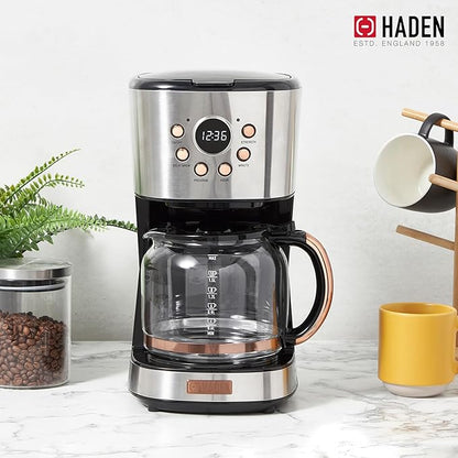 Haden Coffee Machine, 12 Cup Programmable Drip Coffee Maker with Auto Shut-Off Function and Reusable Washable Water Filter, Steel & Copper