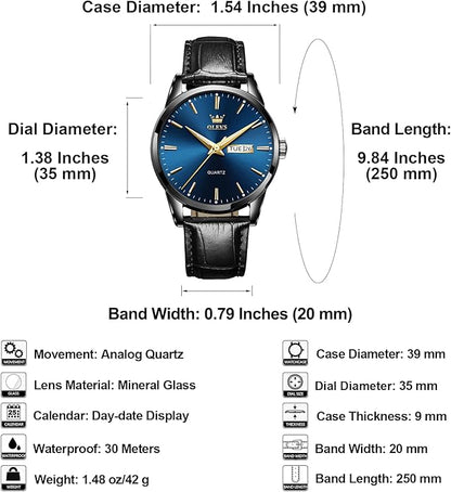 Men's Casual Leather Watch, Easy to Read Three-Hand Analog Stainless Steel Watches for Men, Minimalist Day Date Waterproof Luminous Mens Quartz Wristwatch