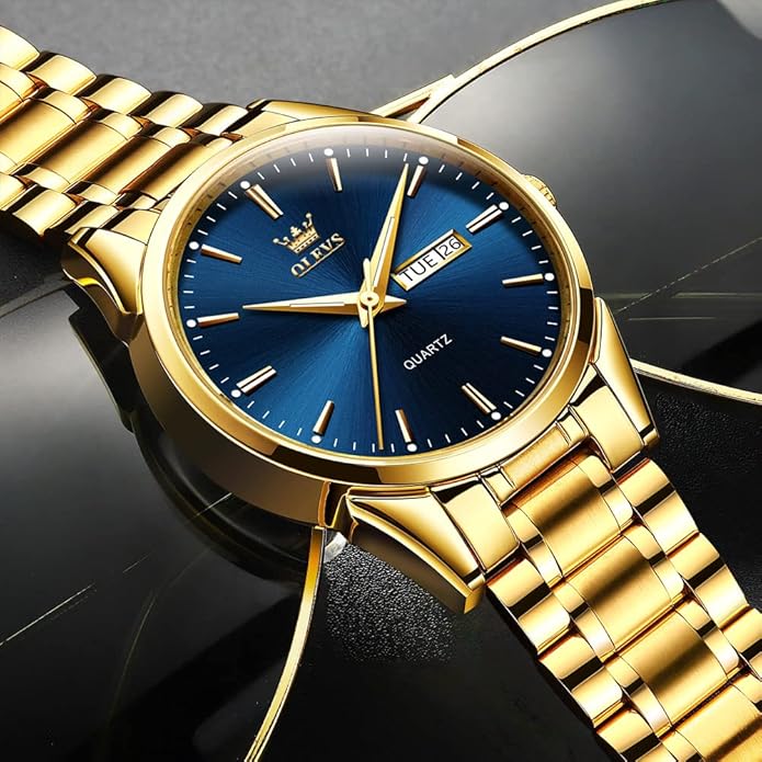 Men's Casual Stainless Steel Watch, Big Face Easy to Read Analog Quartz Watch with Day and Date, Classic Waterproof Diamond Roman Arabic Numerals Dial Dress Watch for Men, Gold Silver Black Band