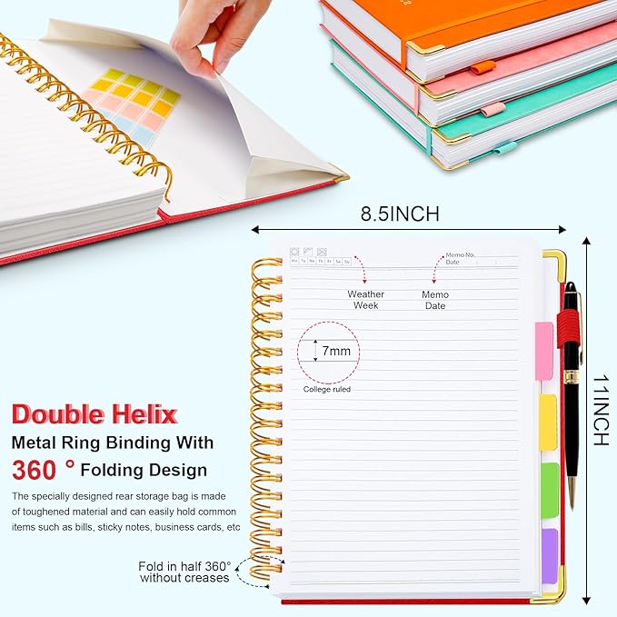 Hardcover Spiral Notebook 8.5"x11" Journal Notebook with Tabs and Removable Dividers 300 Pages 5 Subject Notebook College Ruled, Faux Leather Spiral Bound Notebook for Women School Work(Red)