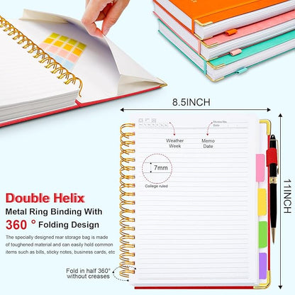 Hardcover Spiral Notebook 8.5"x11" Journal Notebook with Tabs and Removable Dividers 300 Pages 5 Subject Notebook College Ruled, Faux Leather Spiral Bound Notebook for Women School Work(Red)