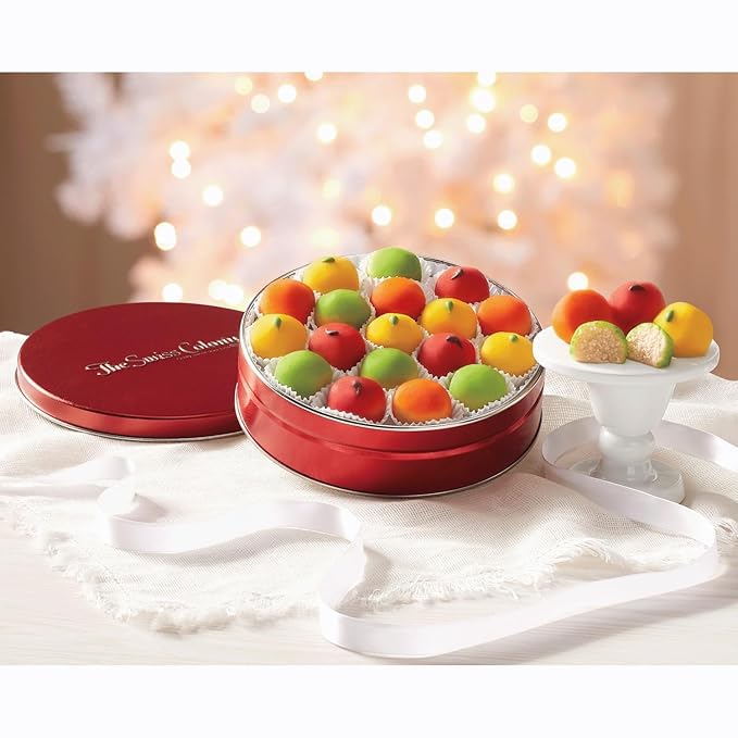 The Swiss Colony Marzipan Fruit Gift Tin – Traditional Almond Candy in Festive Fruit Shapes and Colors, Holiday Gift Box Set, 9 oz. Food Gift Basket Treat