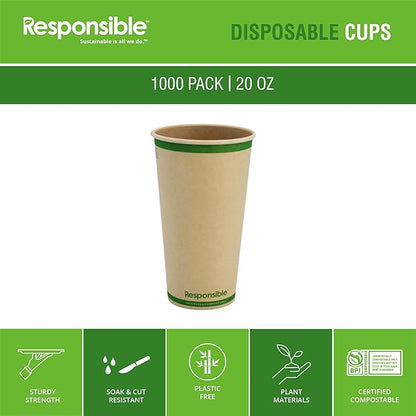 Responsible Products 20 oz Paper Hot Cups, Tree-Less™ Compostable Paper Coffee Cups, Extra Strength, Tree-Free and Made Without PFAS, Natural Brown (1000 Count)