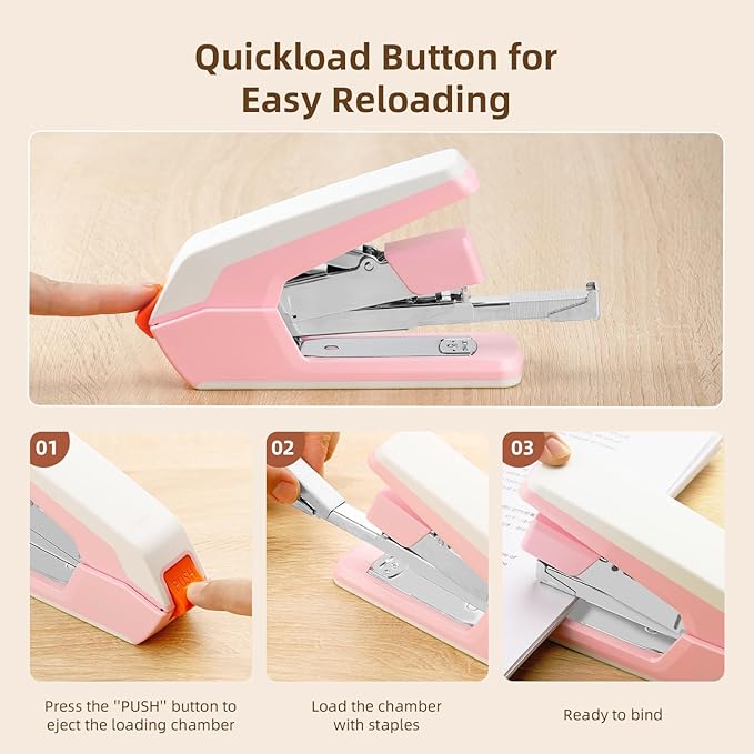 Deli Stapler, Effortless Staplers for Desk, 40-50 Sheet Capacity Heavy Duty, One Touch, No Effort, Easy to Load, with 1500 Staples & Staple Remover, 6 Pack, 3 Colors
