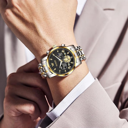 OLEVS Men Watches Stainless Steel Chronograph Watch, Large Wrist Analog Quartz Watch, Fashion Waterproof Diamond Roman Numerals Dress Watches for Men, Gold/Black/White/Blue/Grey Dial