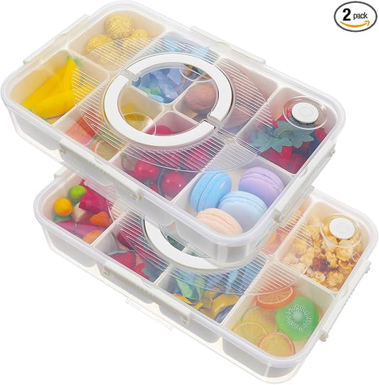 2 Pack Divided Snack Container with Lid & Handle, Dishwasher Safe 8 Compartment Snack Platters, Portable Snackle Box Container for Fruits, Candy, Nuts, Charcuterie, Picnic, Party & Travel