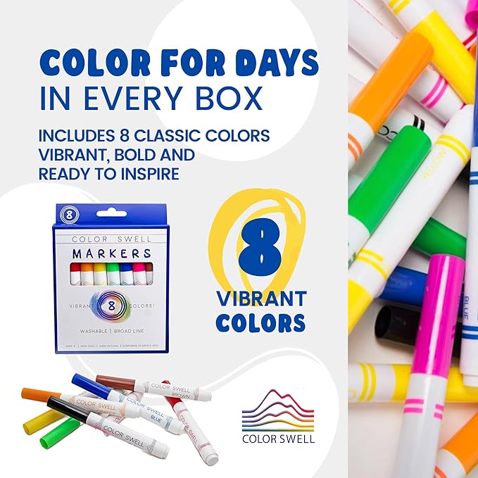 Color Swell Super Tip Markers 6 Boxes of 8 Washable Vibrant Colors (48 Total) Perfect Bulk Marker Pack for Kids, Parties, Classrooms