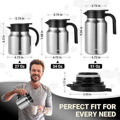 51Oz Thermal Coffee Carafes For Keeping Hot/Cold, Stainless Steel Coffee Carafe, Dustproof Insulated Water Carafe for Party/Home,Silver