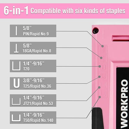 WORKPRO Pink Staple Gun, 6-in-1 Manual Brad Nailer with 4000-Pieces Staples for Fixing Material, Carpentry, Upholstery, Furniture and DIY - Pink Ribbon
